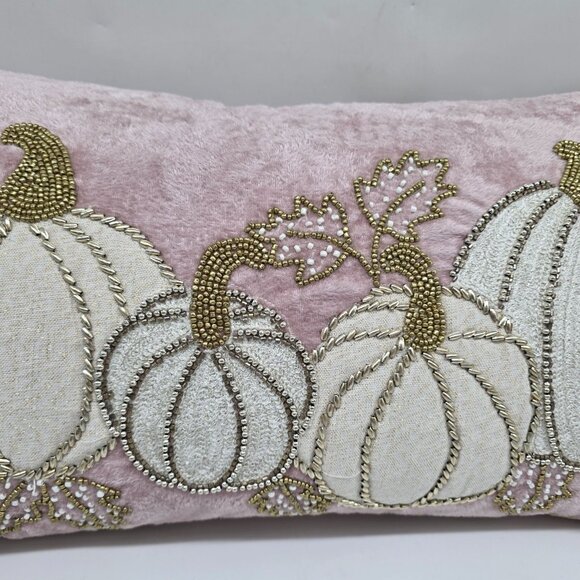 Harvest Moon Decorative Beaded Pumpkin Velvet Throw Pillow Rectangular Accent - Picture 3 of 10